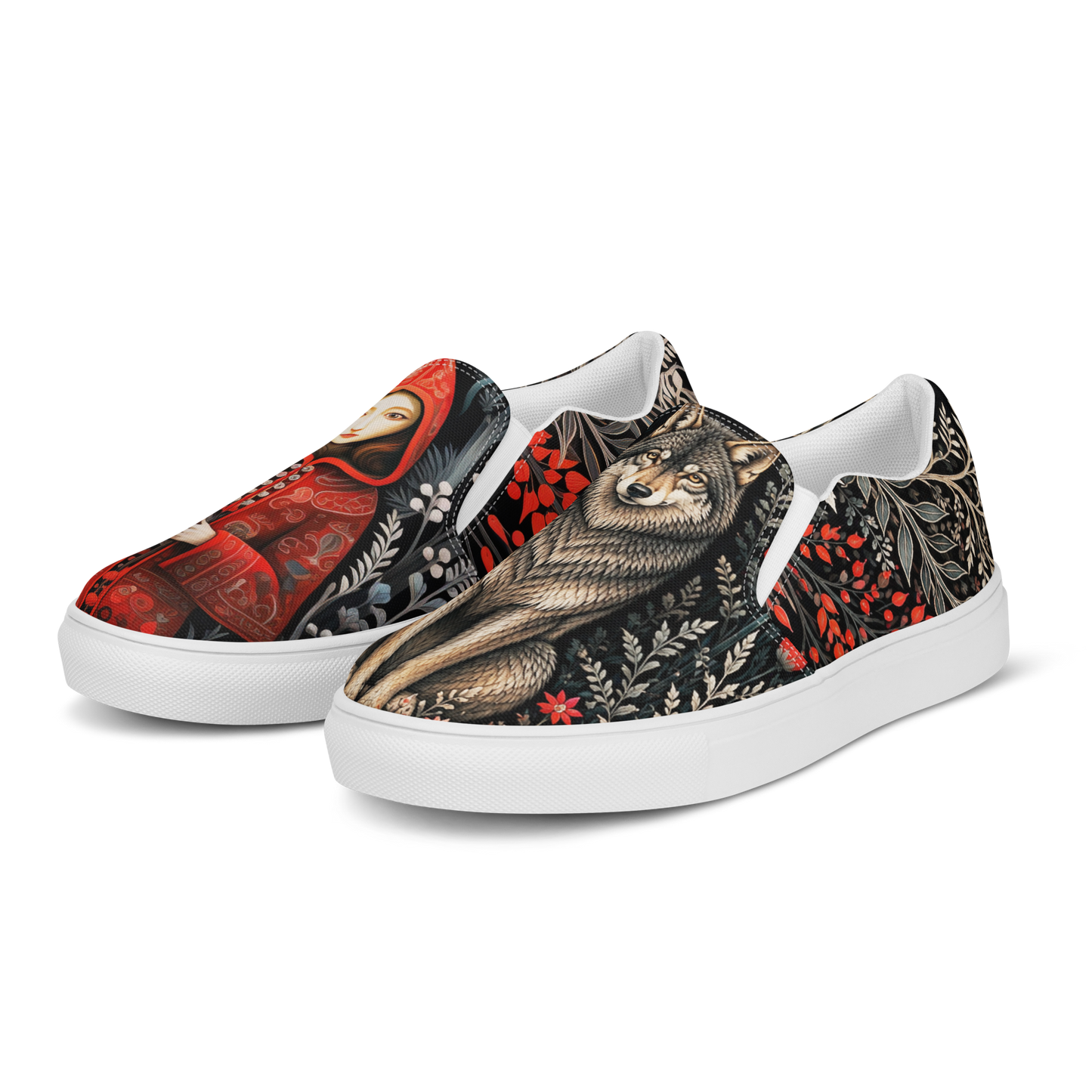 Red and Wolf slip-on canvas shoes
